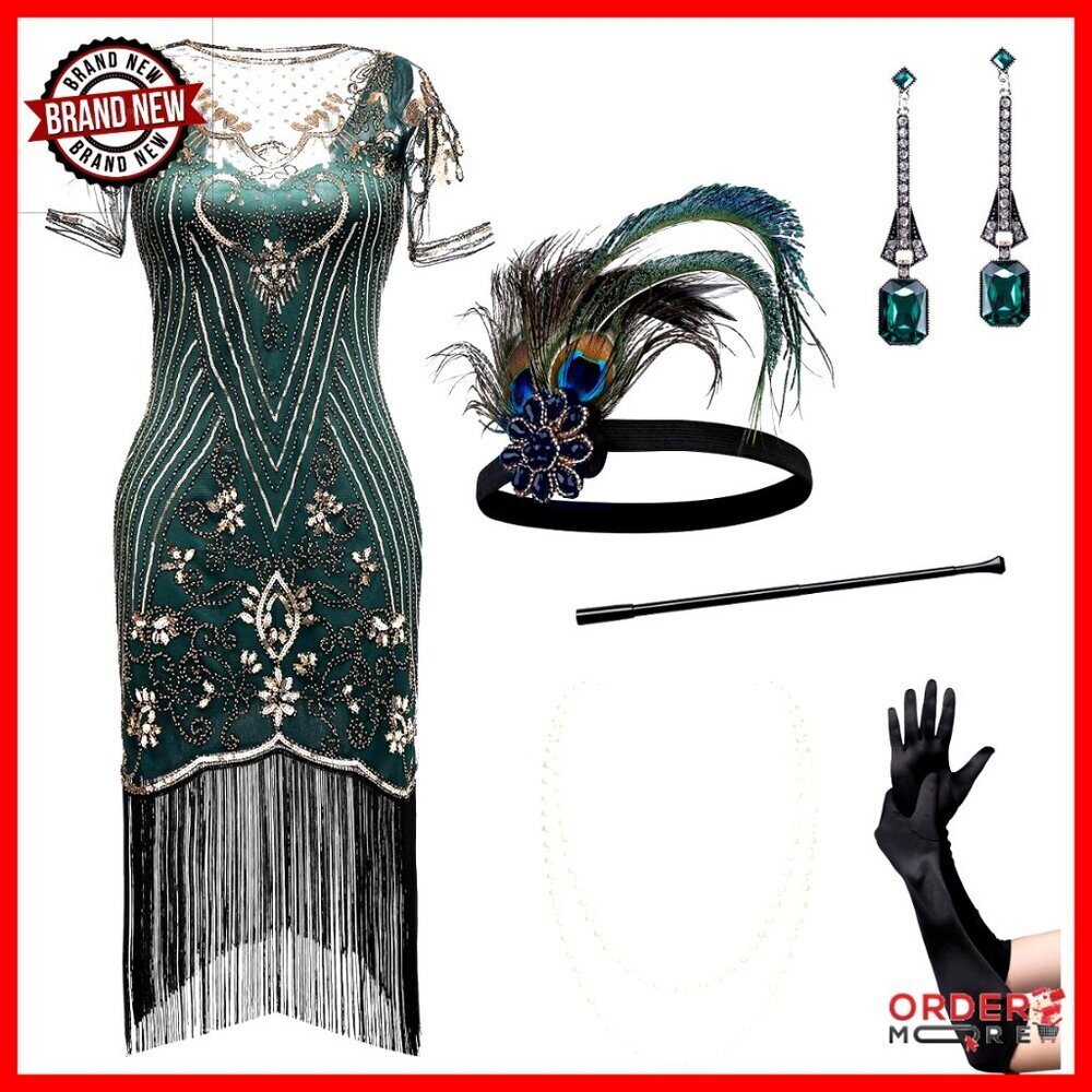 1920s Sequin Beaded Flapper Dress with Fringe Gatsby Costume